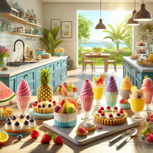 DALL·E 2024-08-28 14.22.47 - A realistic and vibrant summer-themed kitchen scene featuring a variety of refreshing desserts on a modern countertop. The desserts include ice creams